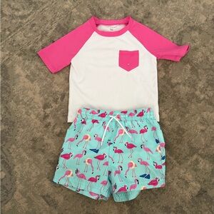 Janie and Jack White and Pink Rash Guard Set with Flamingo Print Swim Shorts